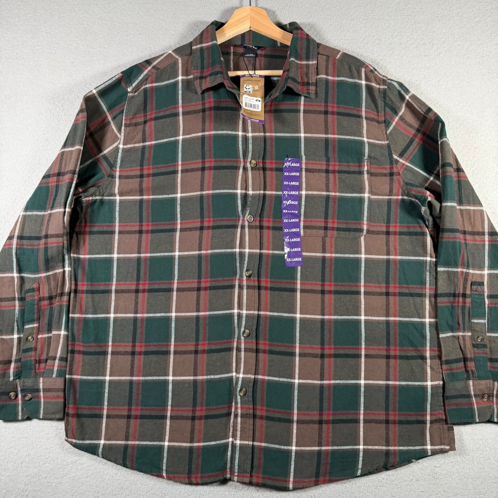 Eddie Bauer Mens XXL Flannel Shirt Mocha Overland Plaid Green Brown Cotton NEW